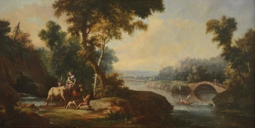 Paesaggio fluviale con figure a riposo
